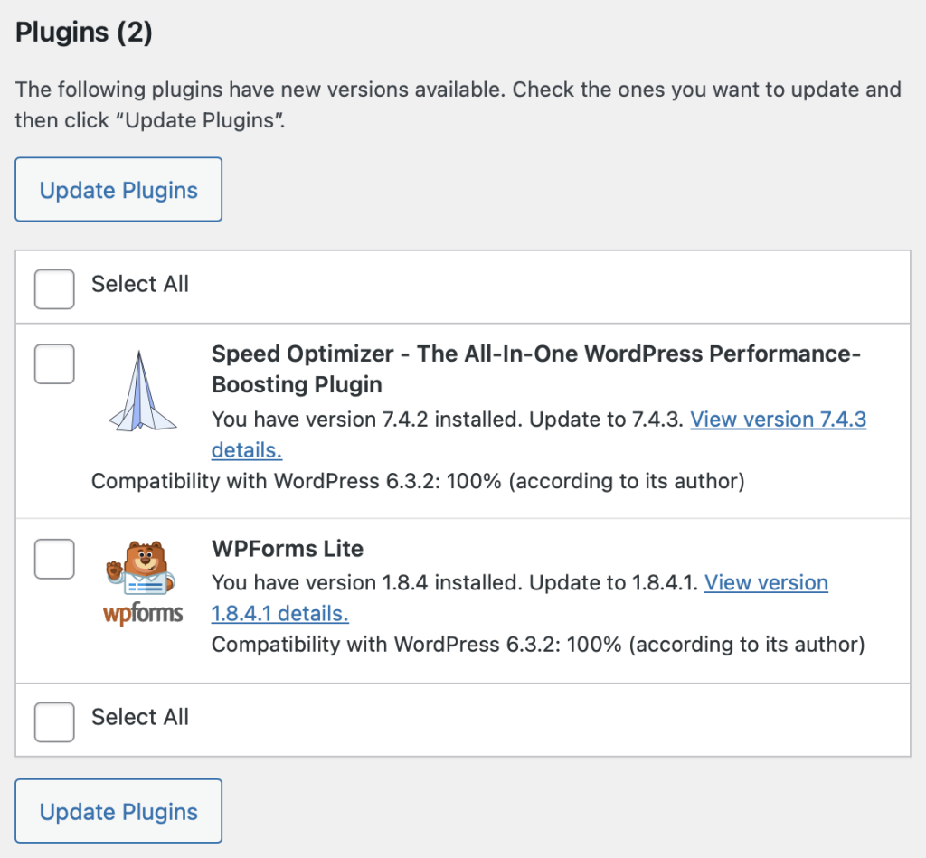 The plugin updates section of the WordPress update page shows that there are plugin updates available.